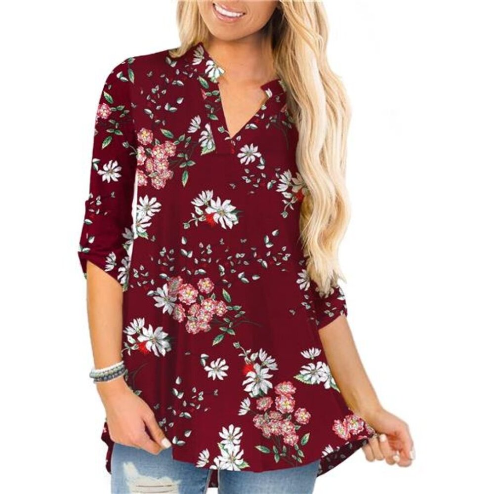 Plus Size 3/4 Sleeve V Neck Tunic Blouse for Women, Flowy High Low Hem, Comfy